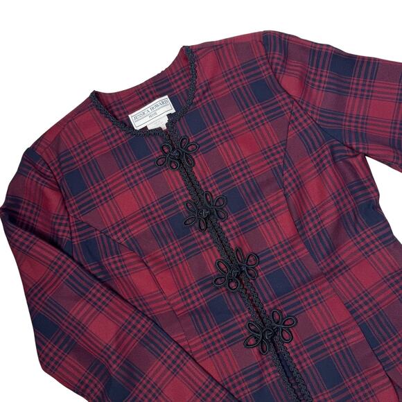 Vintage 90s Jessica Howard Fitted Tartan Plaid Blazer 12 Petite Wine/Navy - Picture 3 of 12